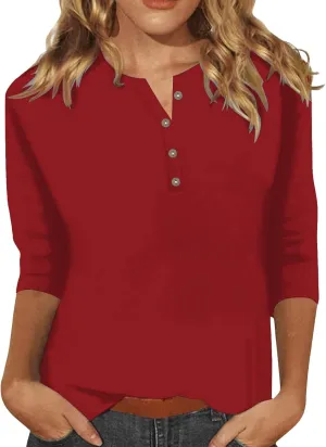3/4 Length Sleeve Womens Tops Plus Size Button Up Summer Blouse Henley V Neck T Shirts Casual Dressy Tees