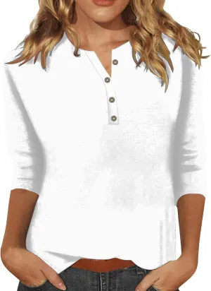 3/4 Length Sleeve Womens Tops Plus Size Button Up Summer Blouse Henley V Neck T Shirts Casual Dressy Tees