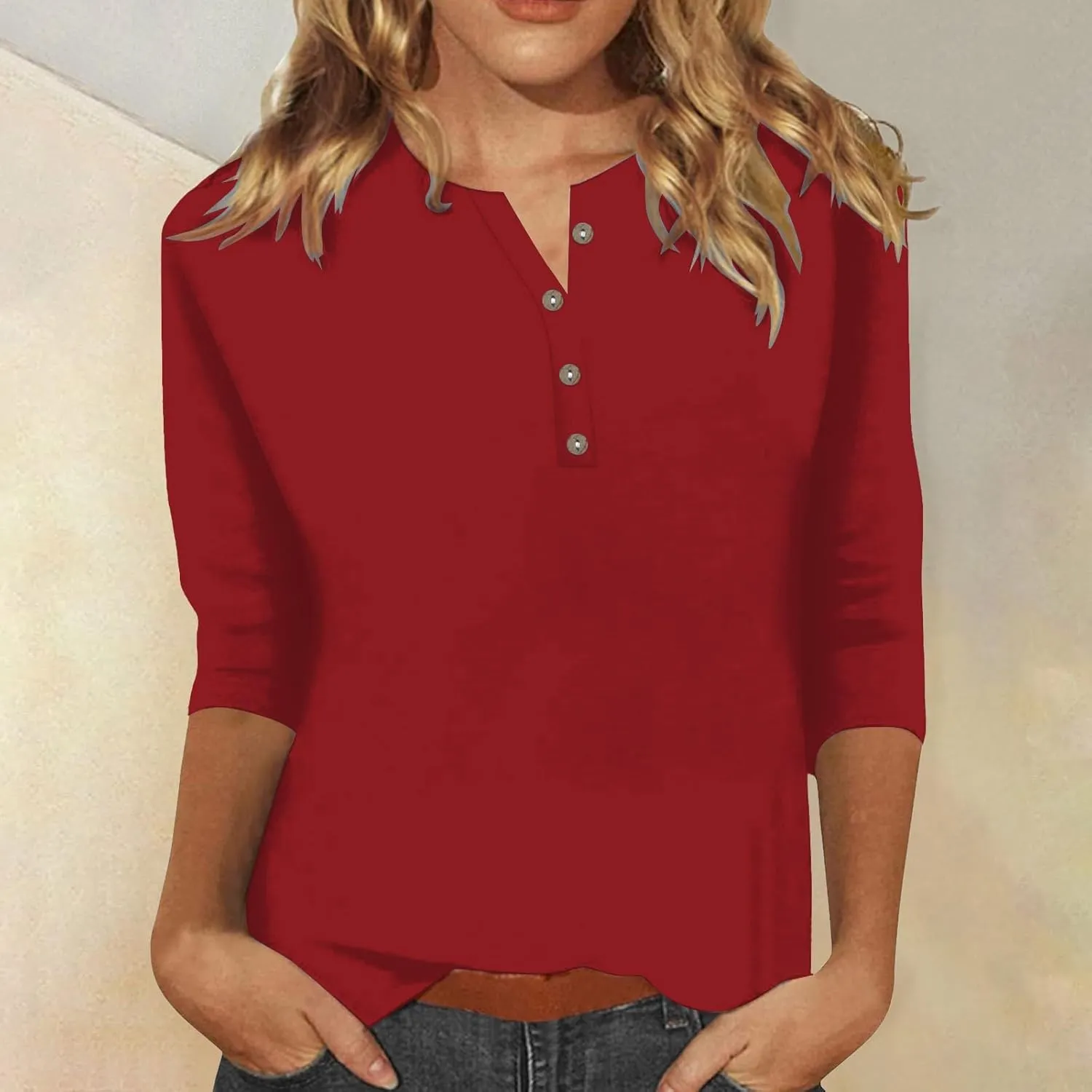 3/4 Length Sleeve Womens Tops Plus Size Button Up Summer Blouse Henley V Neck T Shirts Casual Dressy Tees