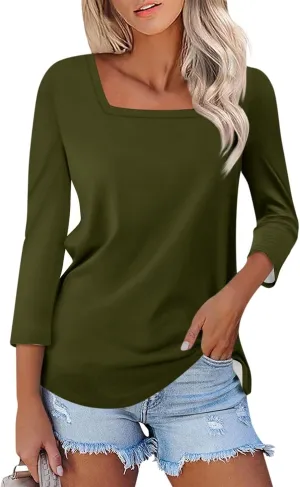 3/4 Length Sleeve Womens Tops Square Neck Casual Cute Shirts Three Quarter Length Dressy Blouses Workout Tunic Tops