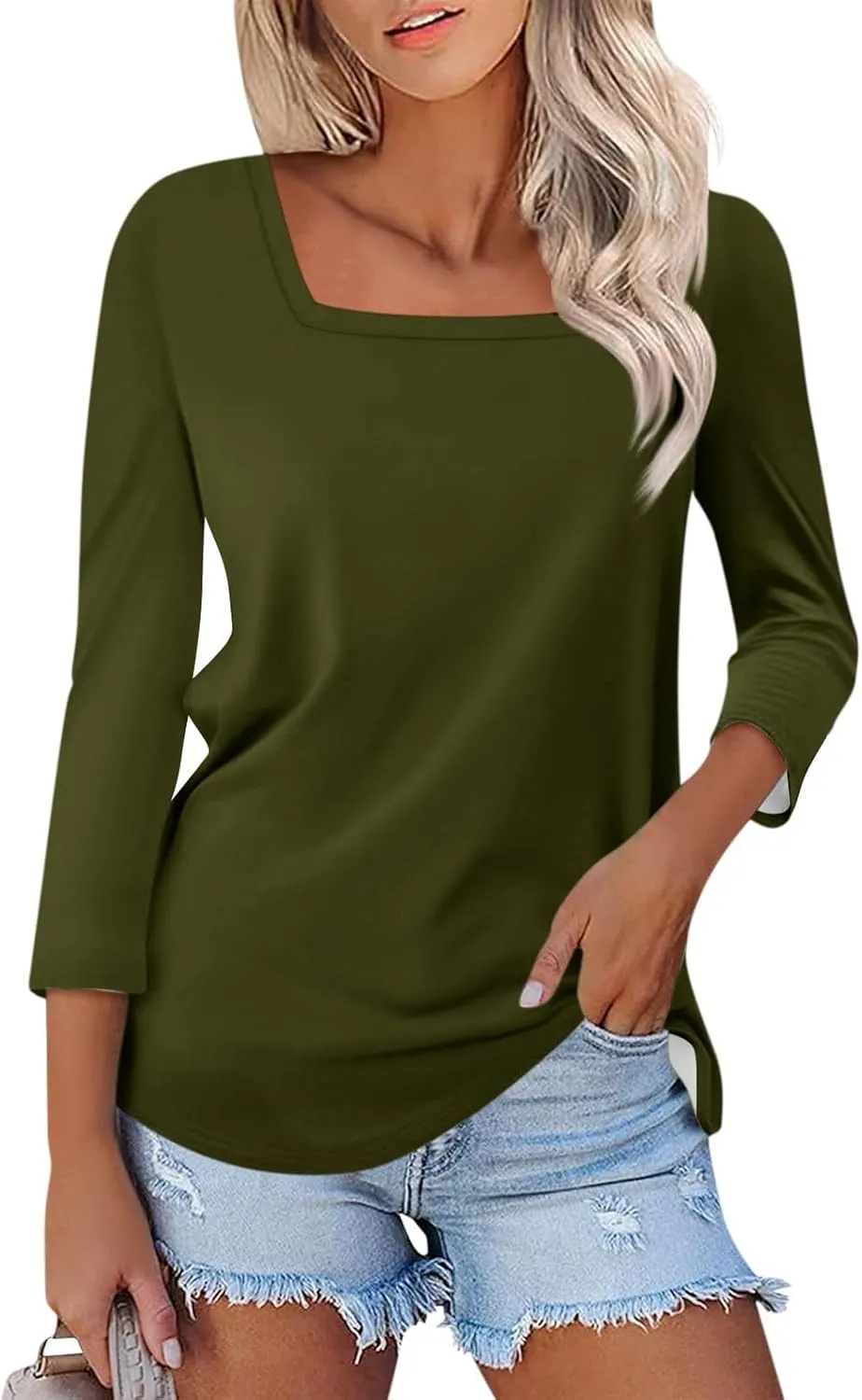 3/4 Length Sleeve Womens Tops Square Neck Casual Cute Shirts Three Quarter Length Dressy Blouses Workout Tunic Tops