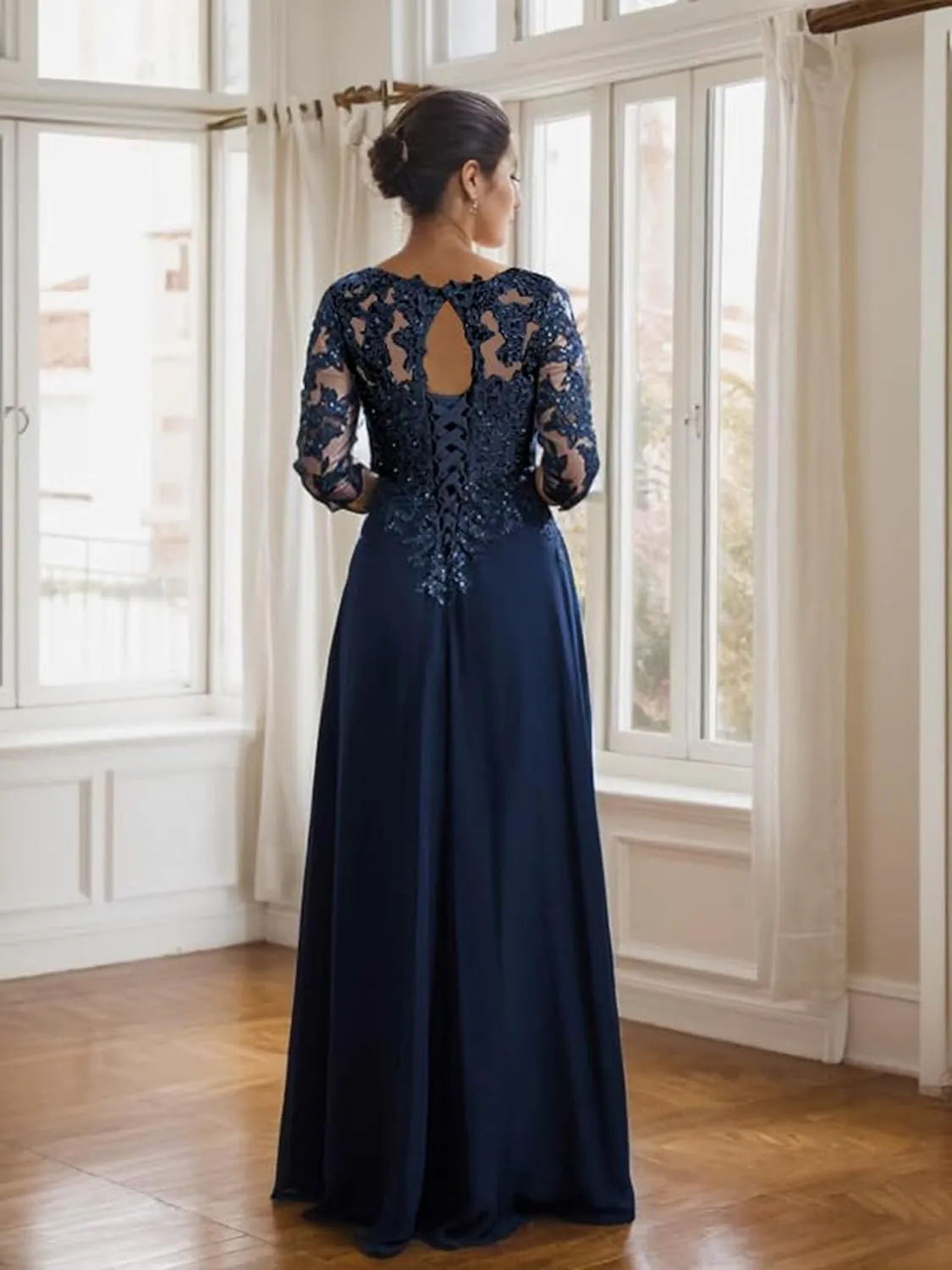 3/4 Sleeve Mother of The Bride Dresses for Wedding Chiffon Lace V-Neck Long Formal Evening Gowns