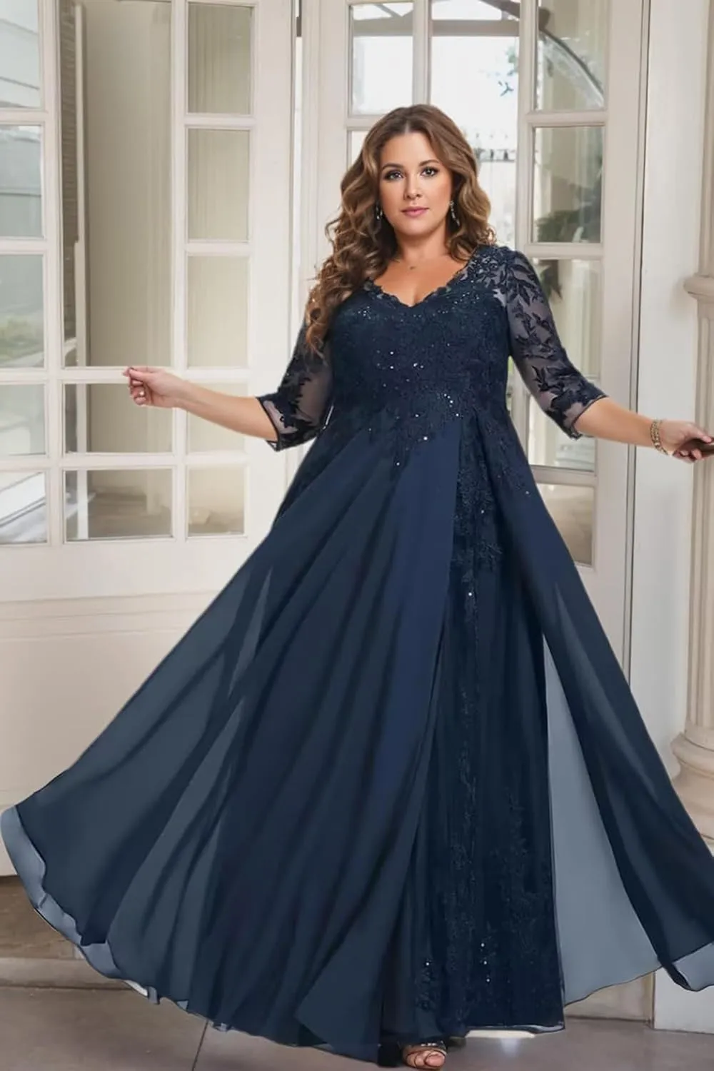 3/4 Sleeve Mother of The Bride Dresses for Wedding Chiffon Lace V-Neck Long Formal Evening Gowns