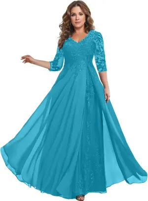 3/4 Sleeve Mother of The Bride Dresses for Wedding Chiffon Lace V-Neck Long Formal Evening Gowns