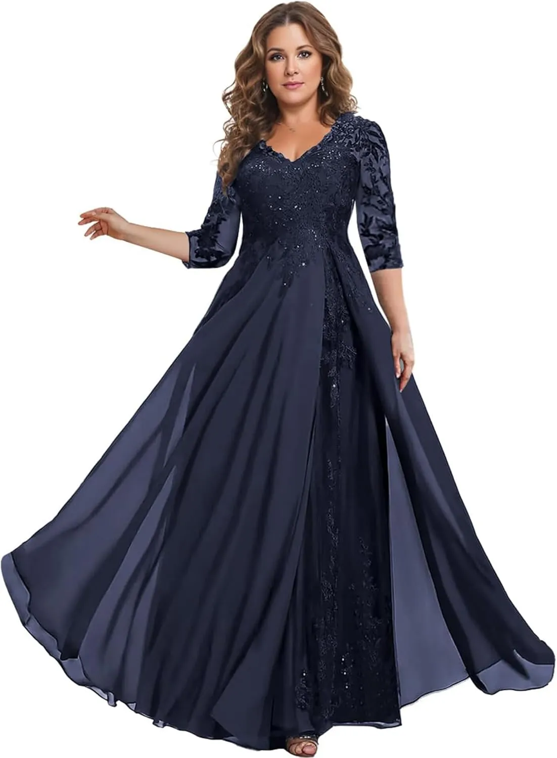 3/4 Sleeve Mother of The Bride Dresses for Wedding Chiffon Lace V-Neck Long Formal Evening Gowns