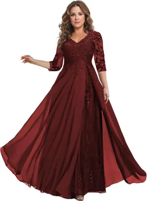 3/4 Sleeve Mother of The Bride Dresses for Wedding Chiffon Lace V-Neck Long Formal Evening Gowns