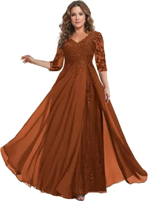3/4 Sleeve Mother of The Bride Dresses for Wedding Chiffon Lace V-Neck Long Formal Evening Gowns