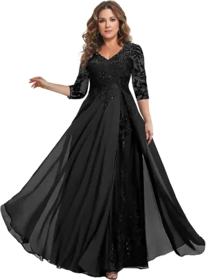 3/4 Sleeve Mother of The Bride Dresses for Wedding Chiffon Lace V-Neck Long Formal Evening Gowns
