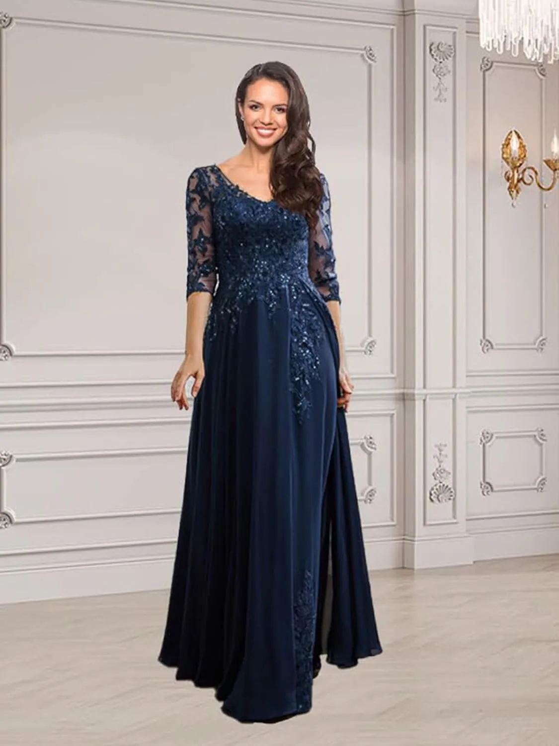 3/4 Sleeve Mother of The Bride Dresses for Wedding Chiffon Lace V-Neck Long Formal Evening Gowns