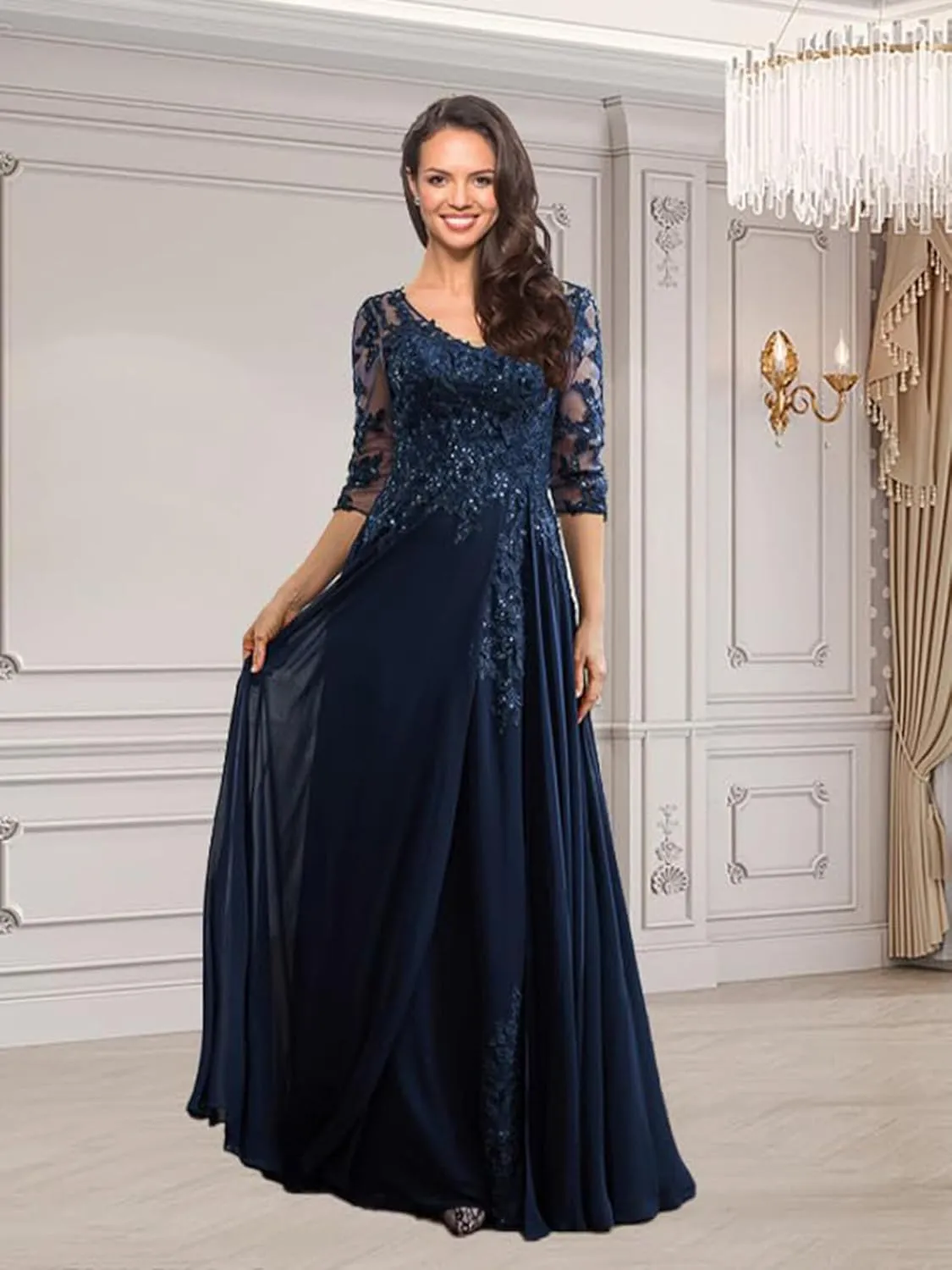 3/4 Sleeve Mother of The Bride Dresses for Wedding Chiffon Lace V-Neck Long Formal Evening Gowns