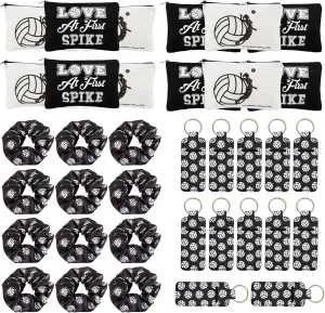 36 PCS Volleyball Gifts-6PCS Black Volleyball Makeup Bags,6PCS White Volleyball Cosmetic Bags,12PCS Volleyball Sport Hair,12PCS Lipstick Holder Keychains for Teen Girls Women Volleyball Stuff Gifts
