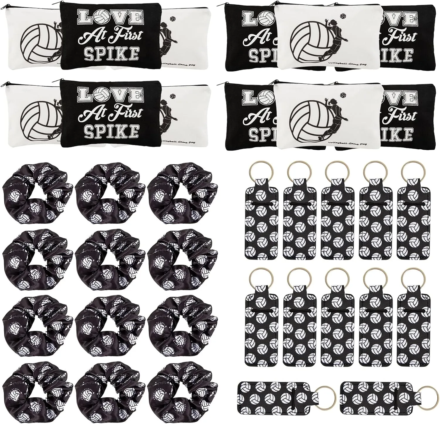 36 PCS Volleyball Gifts-6PCS Black Volleyball Makeup Bags,6PCS White Volleyball Cosmetic Bags,12PCS Volleyball Sport Hair,12PCS Lipstick Holder Keychains for Teen Girls Women Volleyball Stuff Gifts