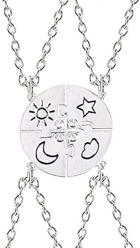 4-piece Set Best Friend Friendship Necklace Sun Moon Cloud And Star Inlaid Rhinestone Stitching BFF Pendant Fashion Jewelry Gift (Metal Color: XL0533)