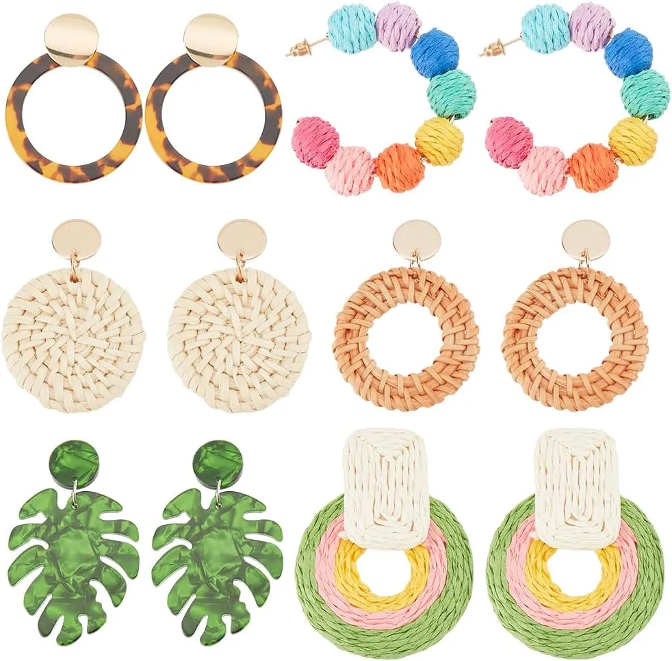 6 Pairs Rattan Earrings Fashion Earrings Set Trendy Acrylic Earrings Leopard Hoop Earrings for Women Studs Straw Earrings Geometric Statement Hoop Dangle Drop Earrings for Vacation