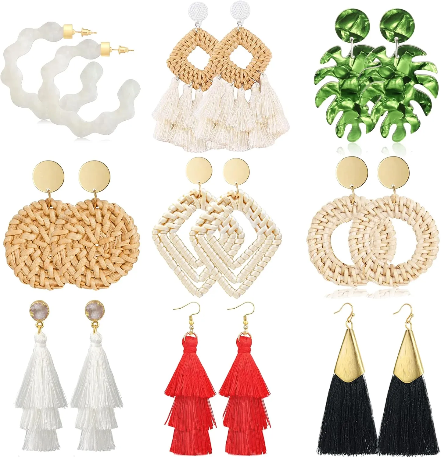 9-12 Pairs Rattan Earrings for Women Handmade Boho Tassel Earrings Lightweight Acrylic Earrings Set