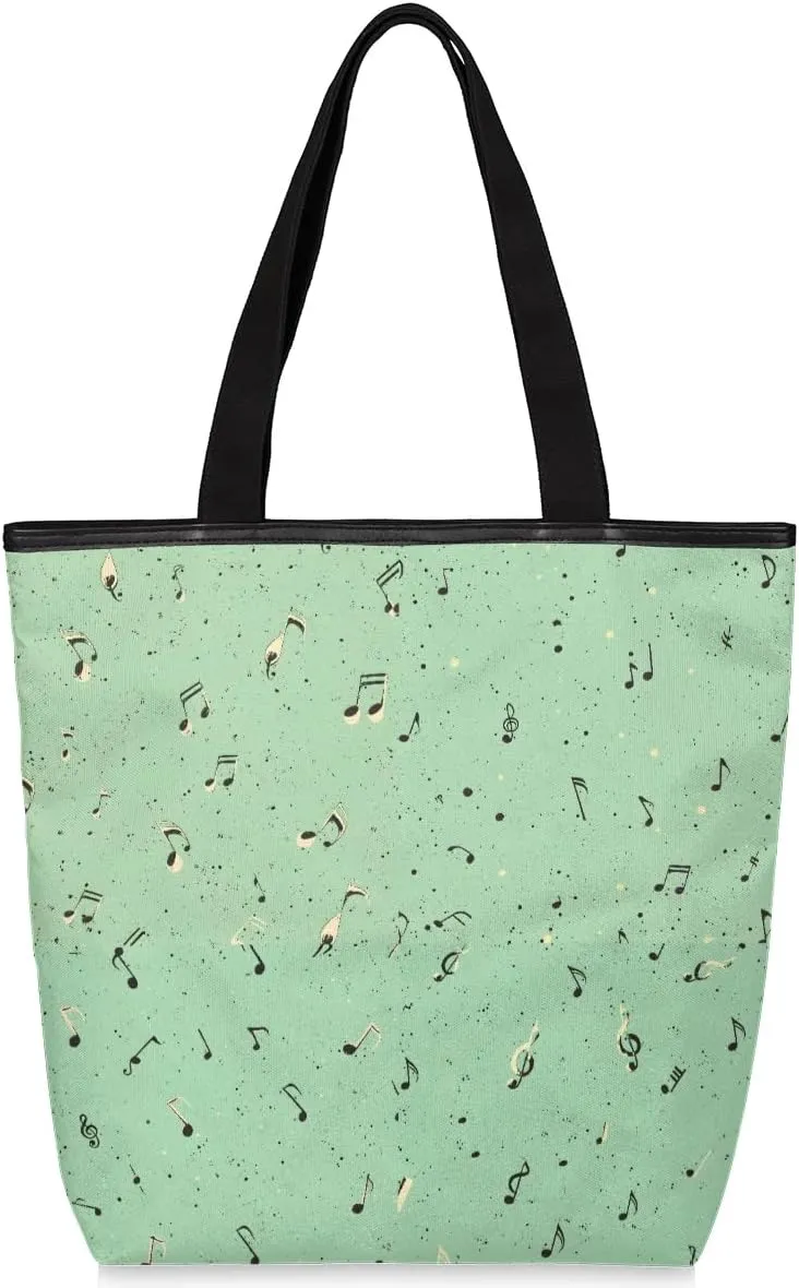 Abstract Musical Notes Canvas Tote Bag with Zipper and Pockets Canvas Tote Shopping Bag Women Reusable Grocery Bag for Beach Travel Gym Shopping