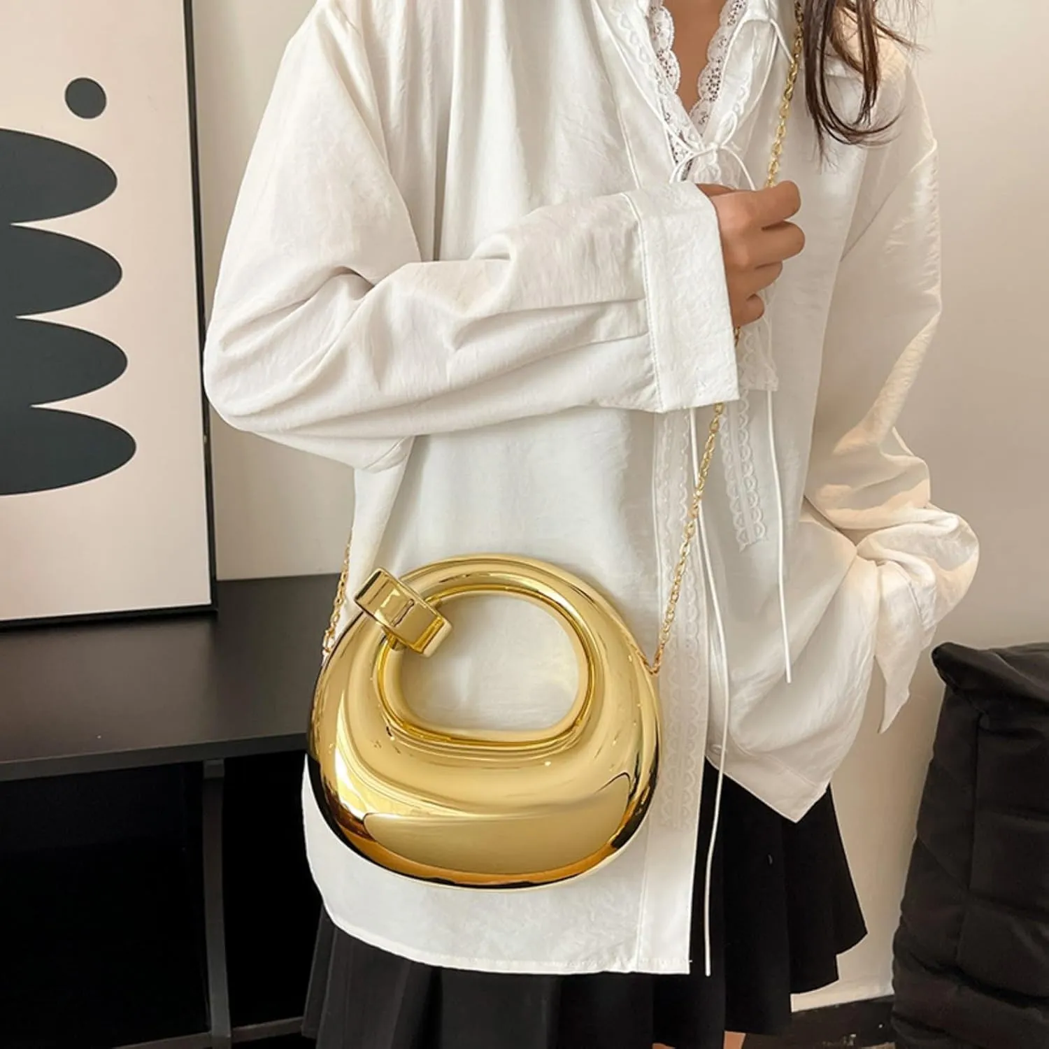 Acrylic Evening Clutch Purses for Women, Top-handle Moon Crossbody Handbag Metallic Hobo Bag with Chain for Party