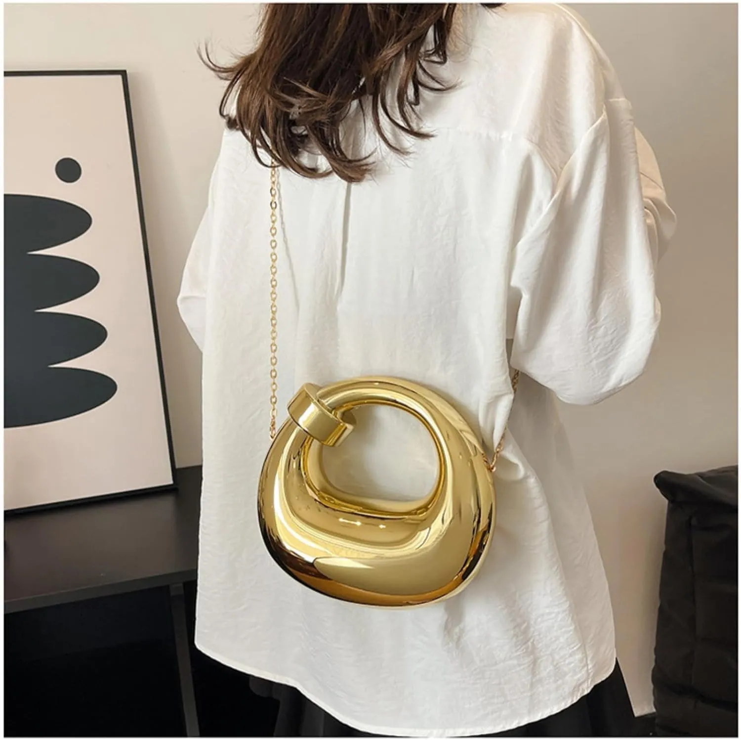 Acrylic Evening Clutch Purses for Women, Top-handle Moon Crossbody Handbag Metallic Hobo Bag with Chain for Party