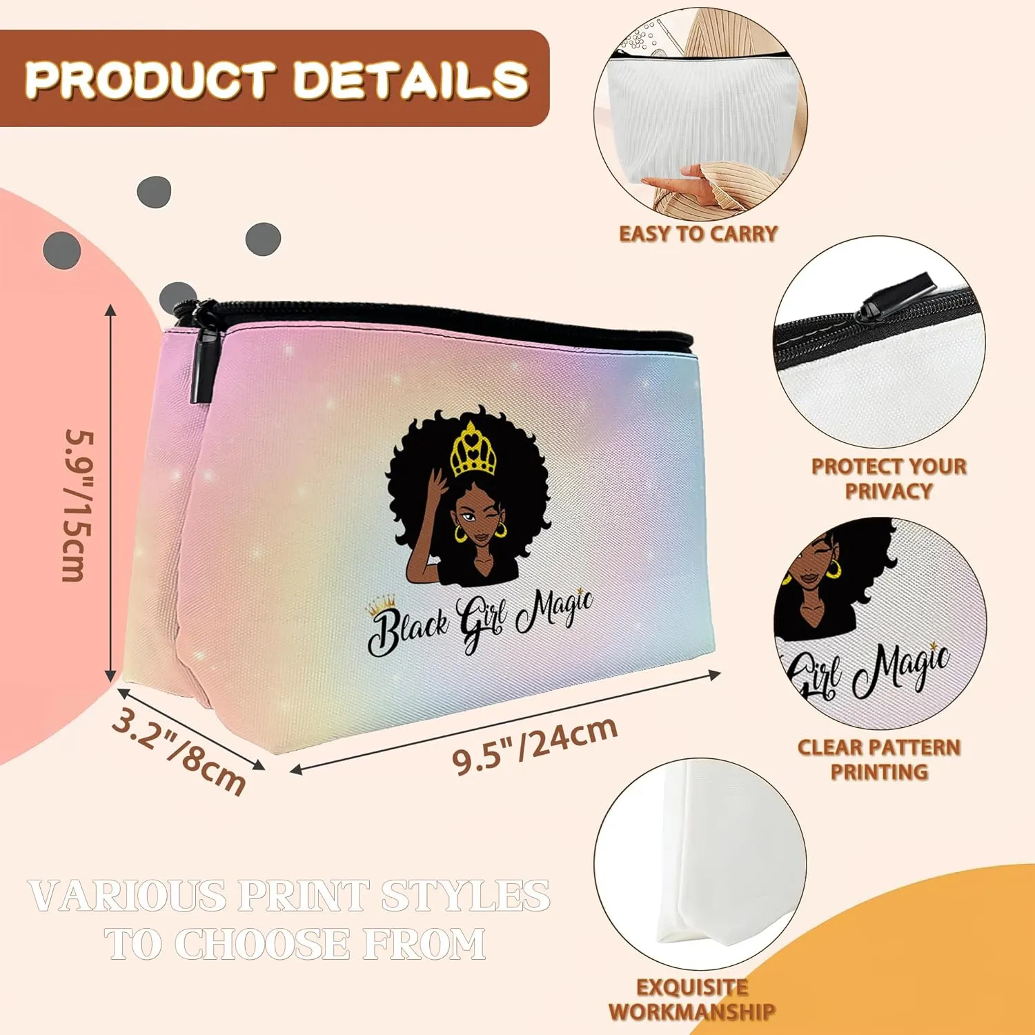 Afro Queen Black Woman Cosmetic Bags African American Makeup Bags Toiletry Bag Large Capacity Organizer Pouch with Zipper Travel Accessories for Women Girls