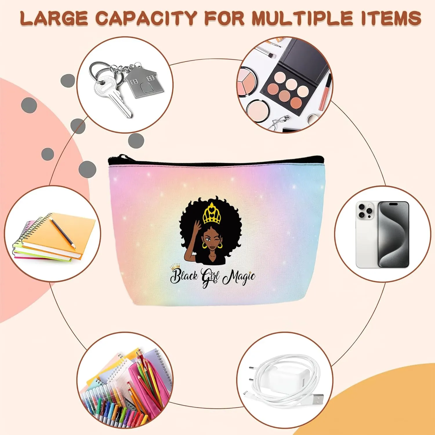 Afro Queen Black Woman Cosmetic Bags African American Makeup Bags Toiletry Bag Large Capacity Organizer Pouch with Zipper Travel Accessories for Women Girls