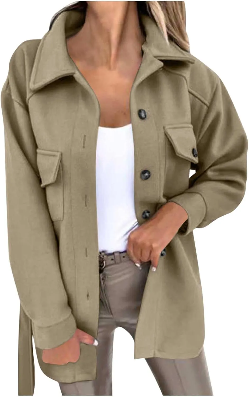 Akklian Trendy Trench Coat Women 2024 Lapel Button Down Casual Jacket Fall Winter Woolen Mid-Length Outerwear with Pockets