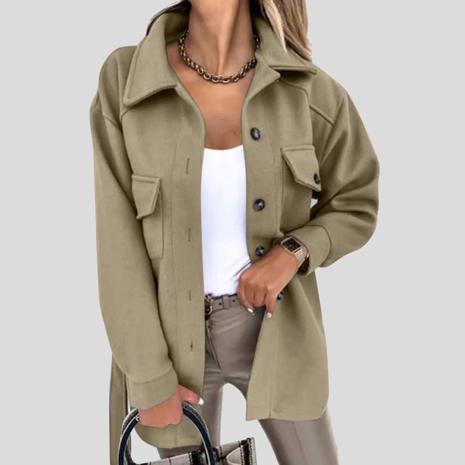 Akklian Trendy Trench Coat Women 2024 Lapel Button Down Casual Jacket Fall Winter Woolen Mid-Length Outerwear with Pockets