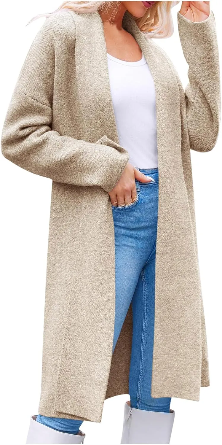 Akklian Winter Coats for Women Classic Shawl Collar Open Front Knitted Cardigan Trench Coat 2024 Fall Trendy Ladies Pea Coat