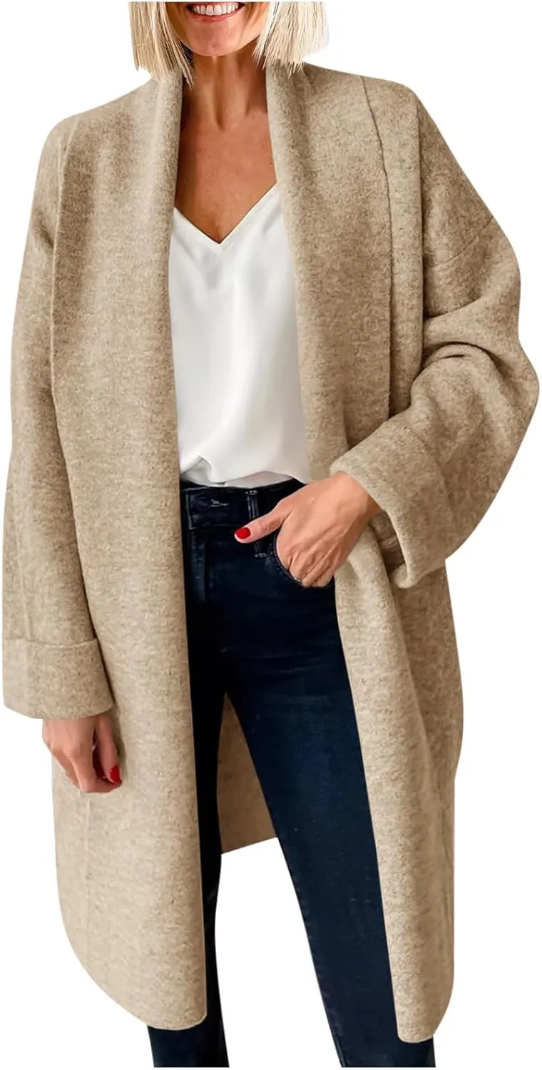 Akklian Winter Coats for Women Classic Shawl Collar Open Front Knitted Cardigan Trench Coat 2024 Fall Trendy Ladies Pea Coat