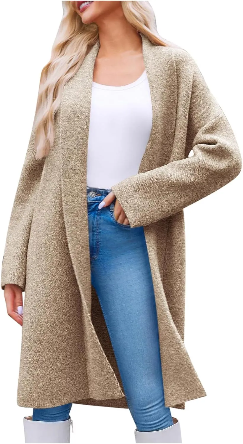 Akklian Winter Coats for Women Classic Shawl Collar Open Front Knitted Cardigan Trench Coat 2024 Fall Trendy Ladies Pea Coat