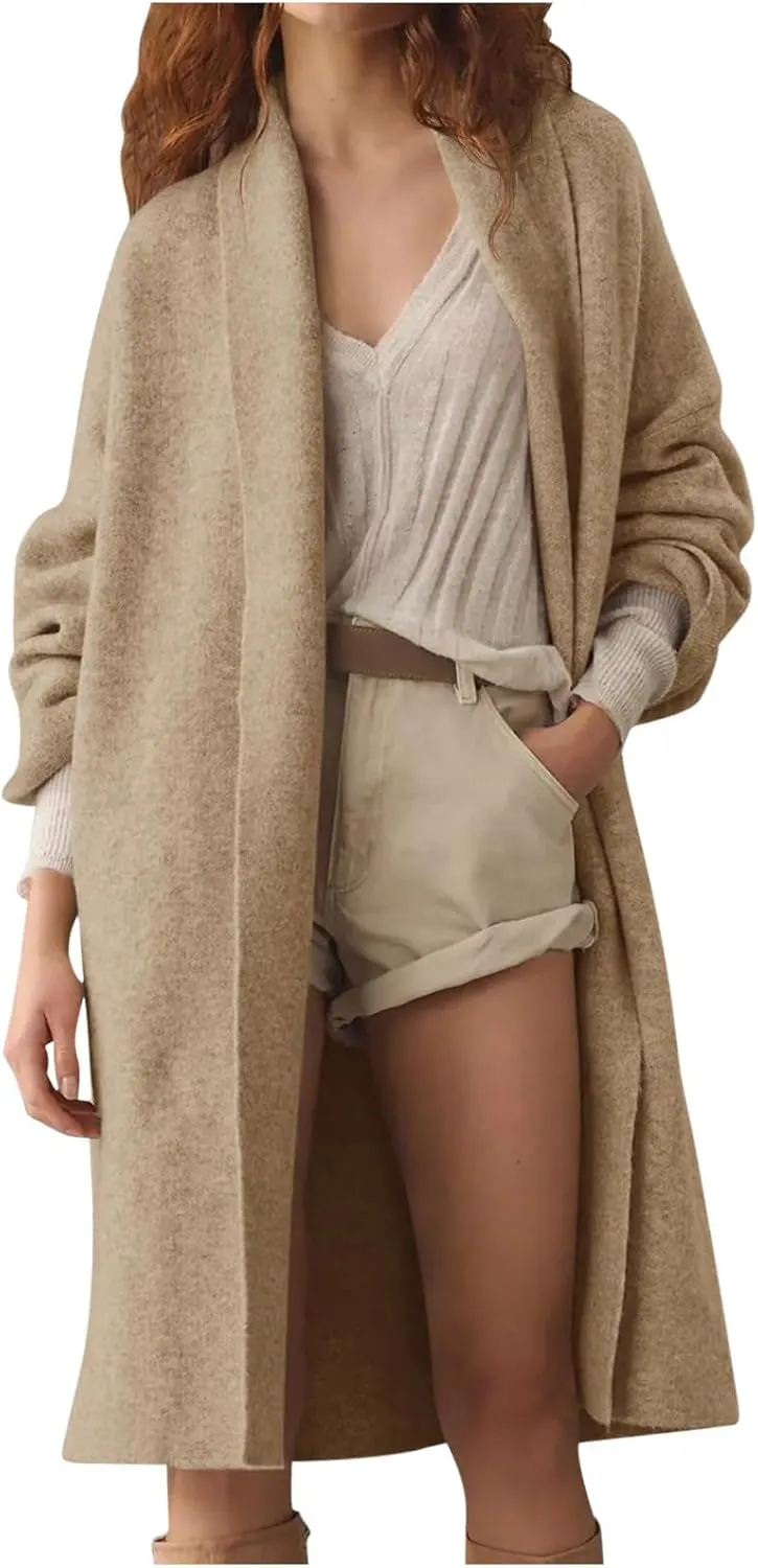 Akklian Winter Coats for Women Classic Shawl Collar Open Front Knitted Cardigan Trench Coat 2024 Fall Trendy Ladies Pea Coat