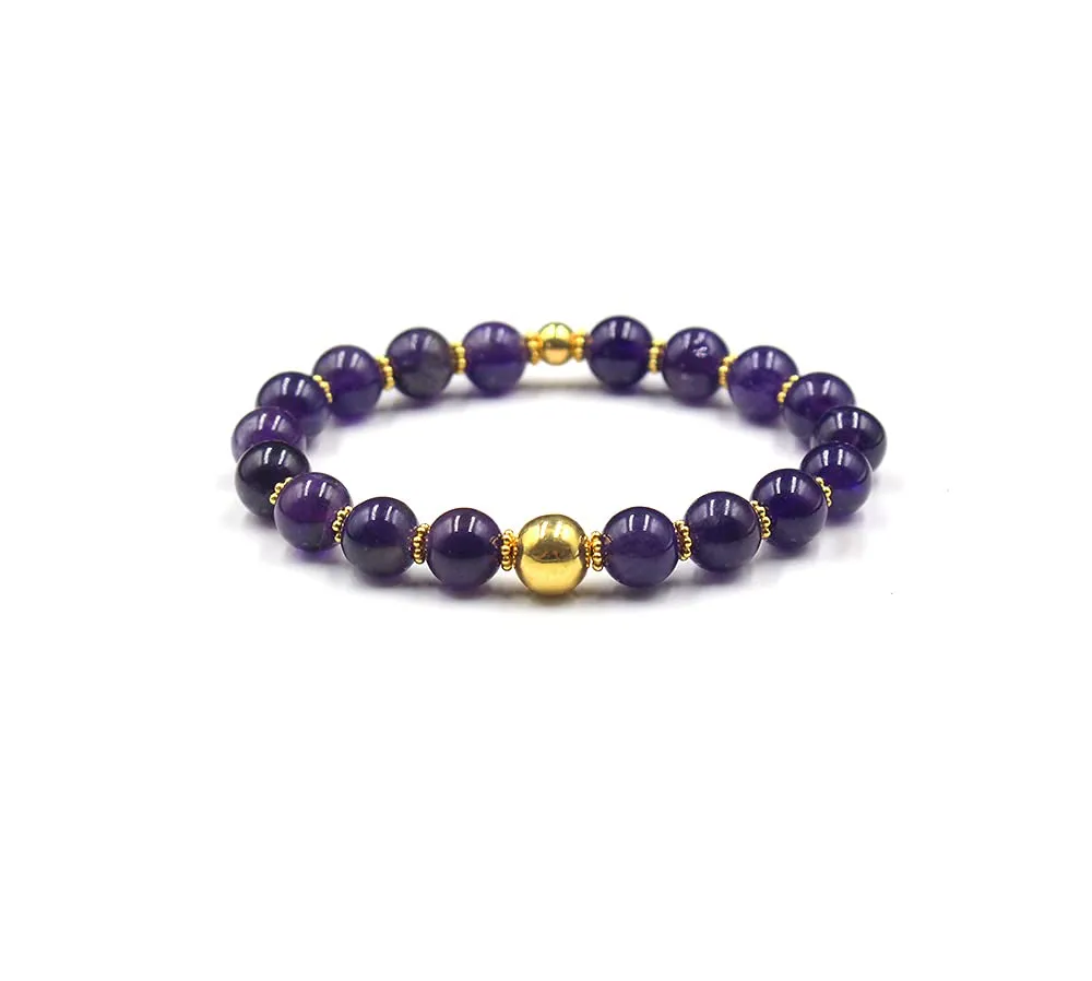 Amethyst and Gold Bead Bracelet, Woman's Jewelry, 8mm Beads, Handmade Jewelry for Women, Stretch Bracelet