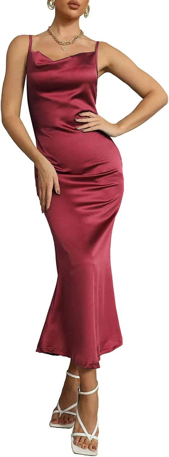 Amilia Women's Sexy Cowl Neck Backless Cami Slip Dress Cocktail Party Maxi Fishtail Mermaid Dress Nightgown