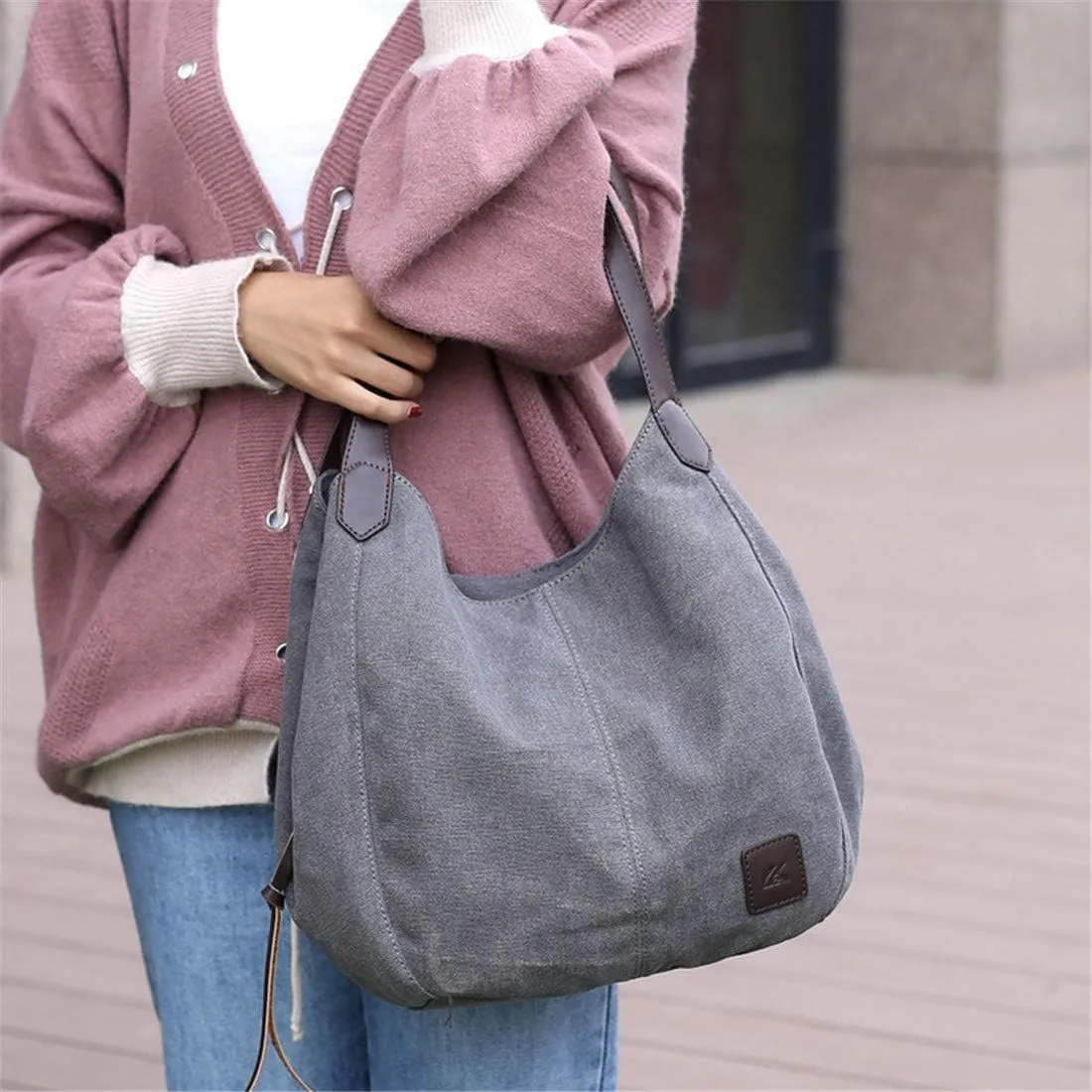 Andongnywell Casual Cotton Canvas Handbag Ladies Canvas Hobo Bag Women's Multi-pocket Shopper Bag Shoulder Tote