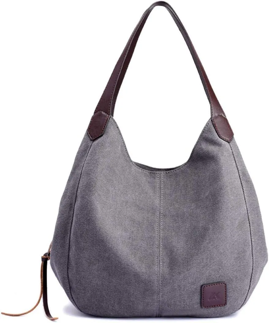 Andongnywell Casual Cotton Canvas Handbag Ladies Canvas Hobo Bag Women's Multi-pocket Shopper Bag Shoulder Tote