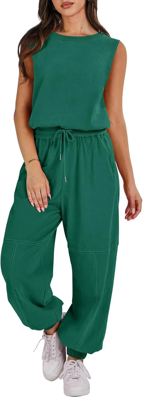 ANRABESS Jumpsuits for Women Casual Summer Sleeveless 2025 Romper One Piece Outfit Active Workout Lounge Jumpsuits Pockets Green Small