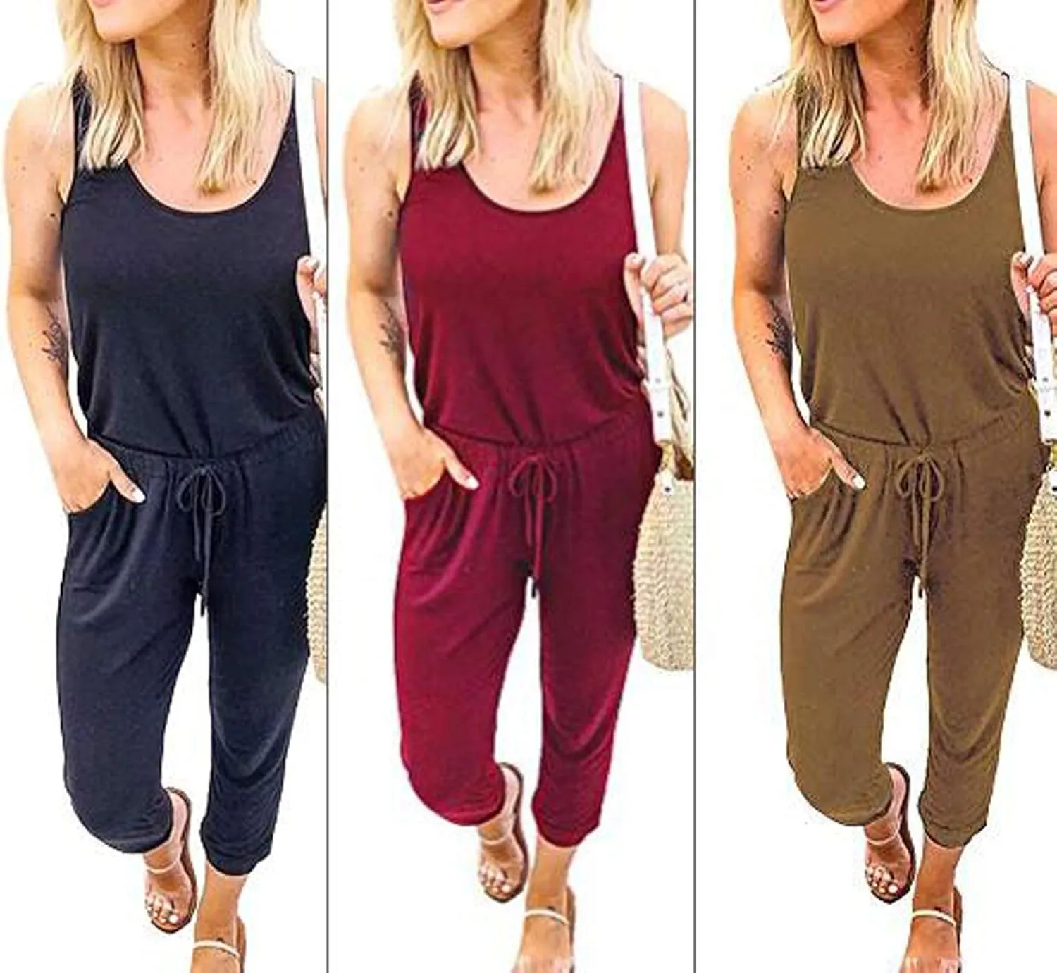 Artfish Womens Sleeveless Summer Jumpsuits Casual Jogger Lounge Romper with Pockets