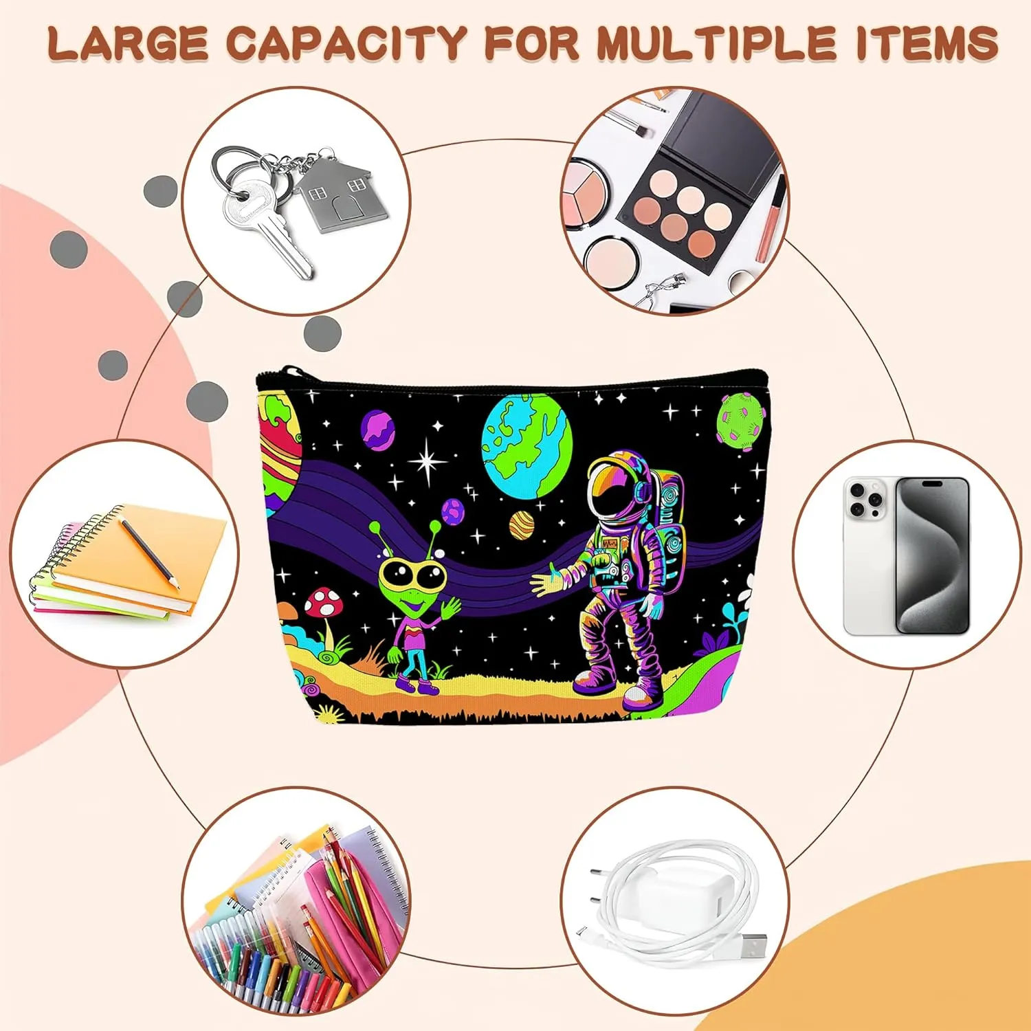 Astronaut and Alien Trippy Makeup Bag Cosmetic Bag for Women Girls,Portable Makeup Bags Travel Toiletry Bag Organizer