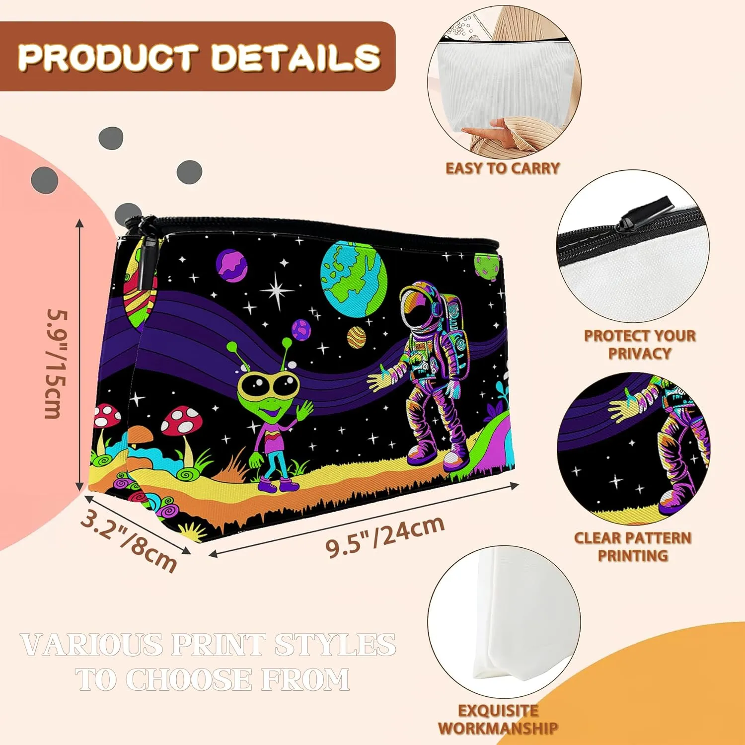 Astronaut and Alien Trippy Makeup Bag Cosmetic Bag for Women Girls,Portable Makeup Bags Travel Toiletry Bag Organizer