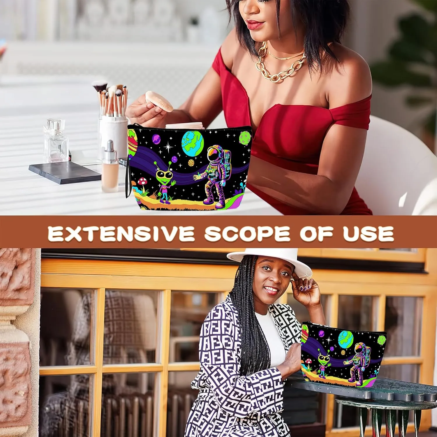 Astronaut and Alien Trippy Makeup Bag Cosmetic Bag for Women Girls,Portable Makeup Bags Travel Toiletry Bag Organizer