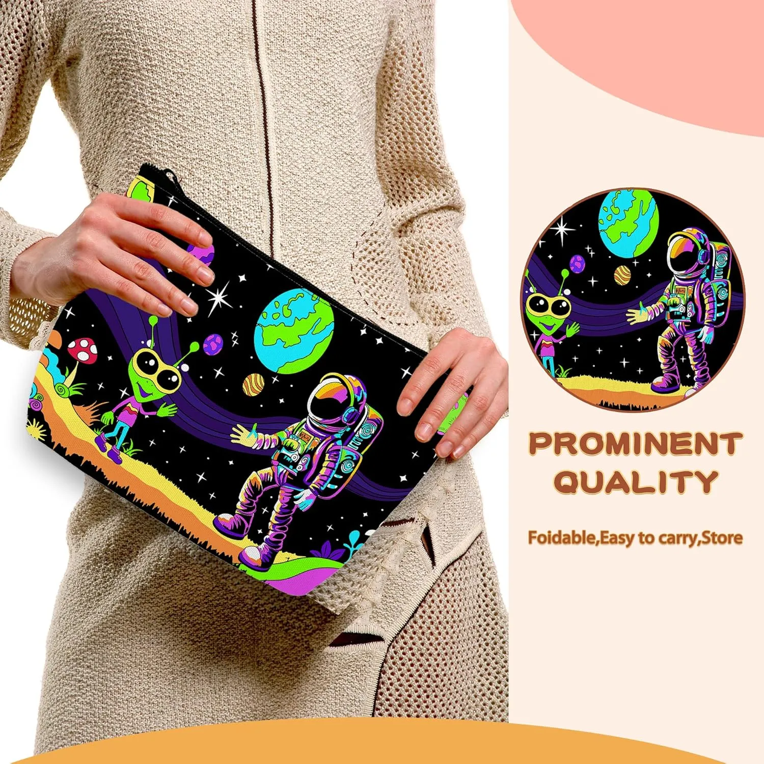 Astronaut and Alien Trippy Makeup Bag Cosmetic Bag for Women Girls,Portable Makeup Bags Travel Toiletry Bag Organizer
