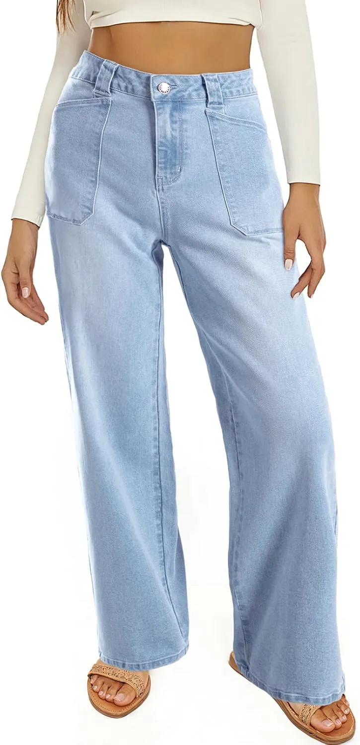 Astylish Women??s High Waisted Straight Leg Jeans Stretchy Wide Leg Jeans Trendy Denim Pants