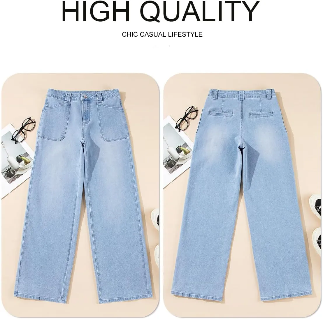 Astylish Women??s High Waisted Straight Leg Jeans Stretchy Wide Leg Jeans Trendy Denim Pants