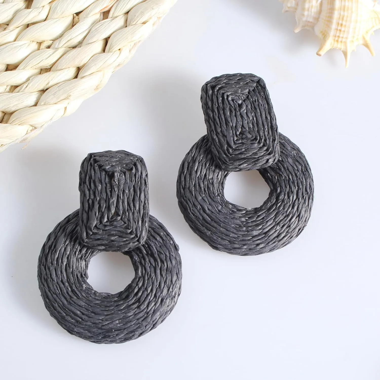 ATIMIGO Handmade Statement Raffia Earrings Cute Boho Rattan Dangle Earrings Lightweight Straw Wrap Summer Drop Dangling Earrings for Women