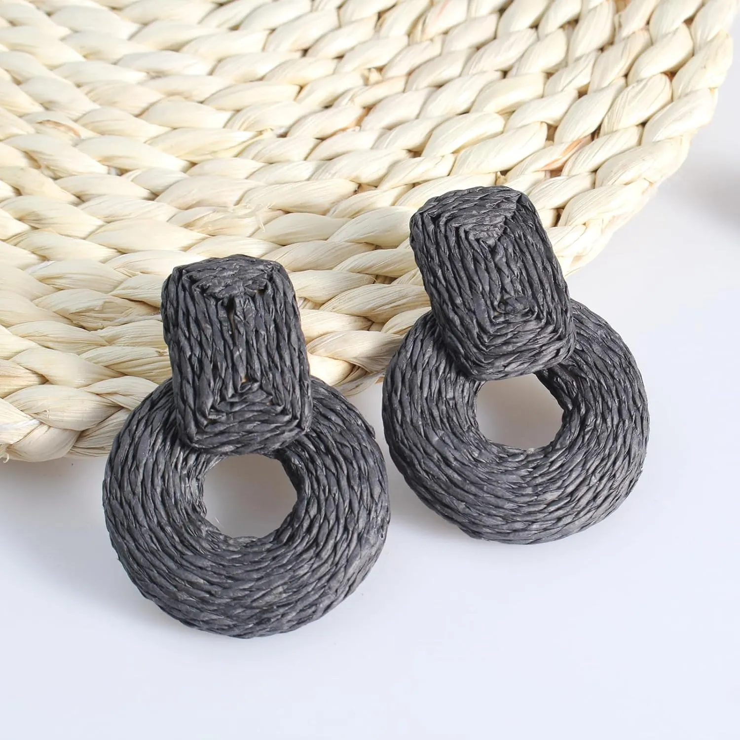 ATIMIGO Handmade Statement Raffia Earrings Cute Boho Rattan Dangle Earrings Lightweight Straw Wrap Summer Drop Dangling Earrings for Women