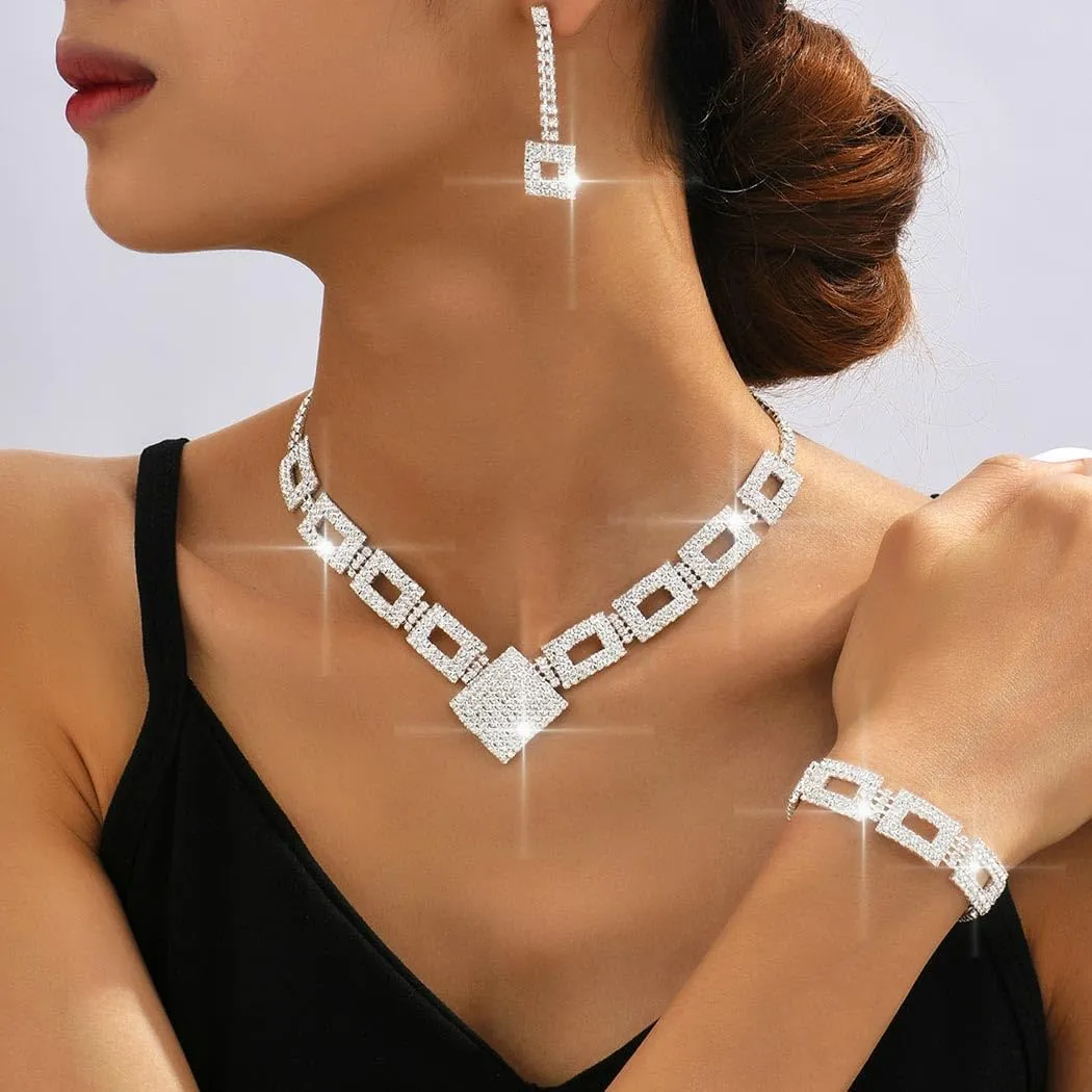 Aukmla Bridal Wedding Jewelry Sets Rhinestone Necklace Earrings Bracelet Set Prom Formal Jewelry for Women