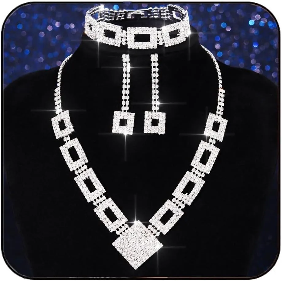 Aukmla Bridal Wedding Jewelry Sets Rhinestone Necklace Earrings Bracelet Set Prom Formal Jewelry for Women