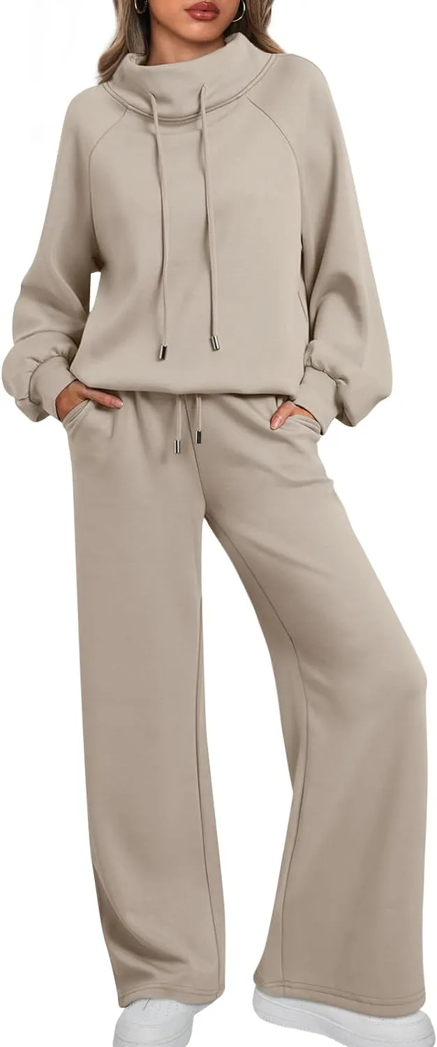 AUTOMET Lounge Sets for Women Sweatsuits 2 Piece Outfits 2025 Fall Drawstring Sweatshirt Wide Leg Sweatpants Tracksuit