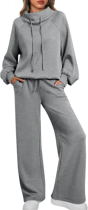 AUTOMET Lounge Sets for Women Sweatsuits 2 Piece Outfits 2025 Fall Drawstring Sweatshirt Wide Leg Sweatpants Tracksuit