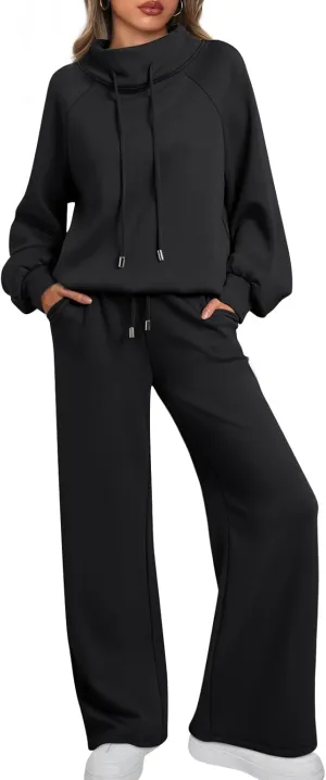 AUTOMET Lounge Sets for Women Sweatsuits 2 Piece Outfits 2025 Fall Drawstring Sweatshirt Wide Leg Sweatpants Tracksuit