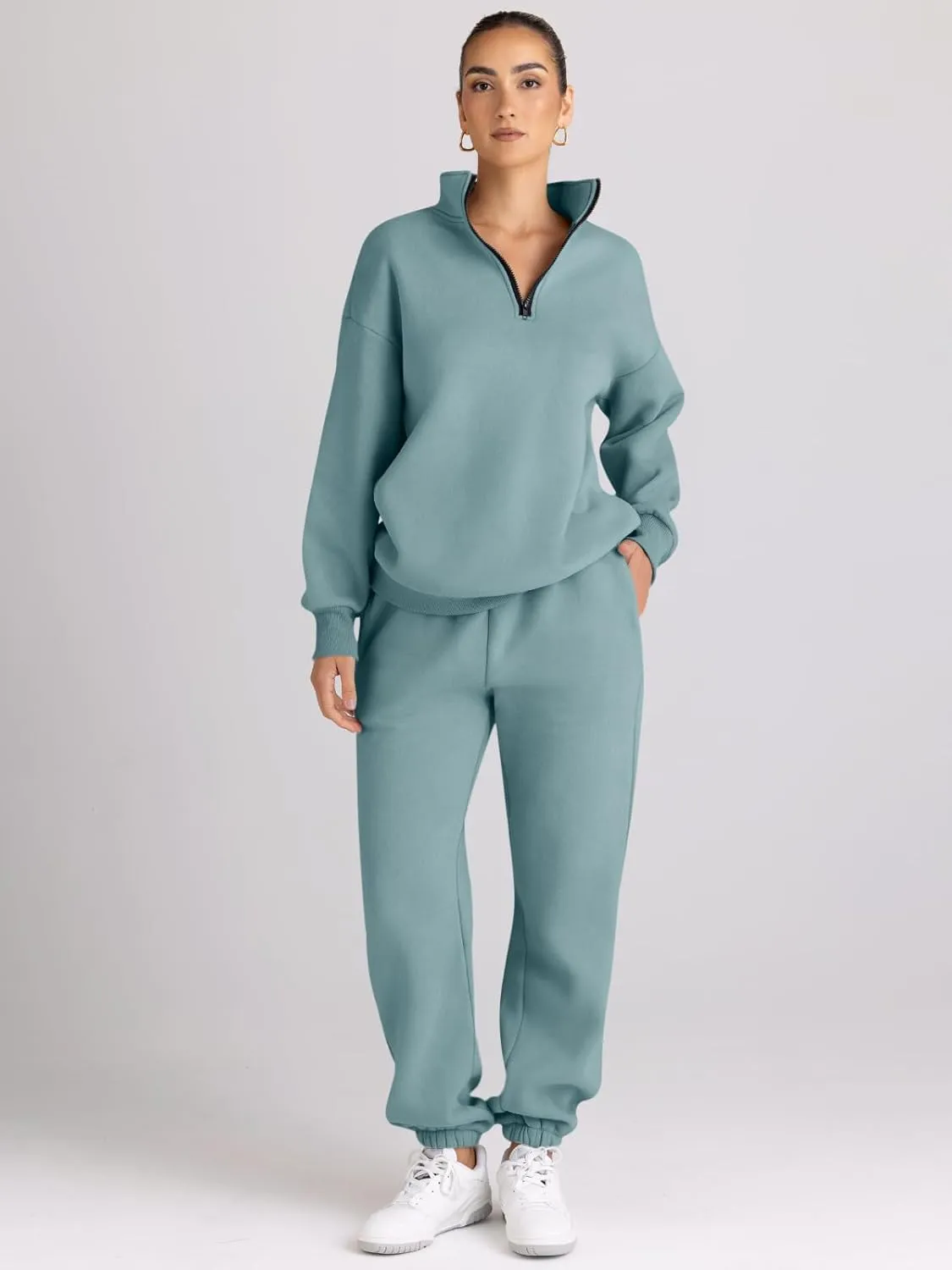 AUTOMET Women's Sweatsuits 2 Piece Outfits Long Sleeve Half Zip Pullover and Baggy Sweatpants with Pockets